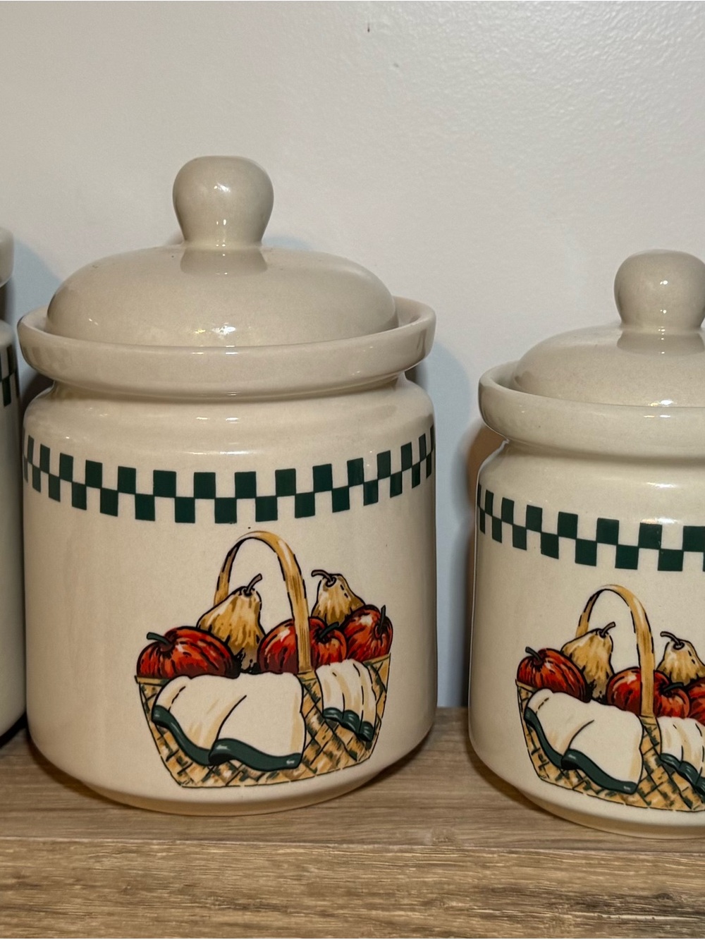 Gibson Cream Ceramic Canister with Green Check Border